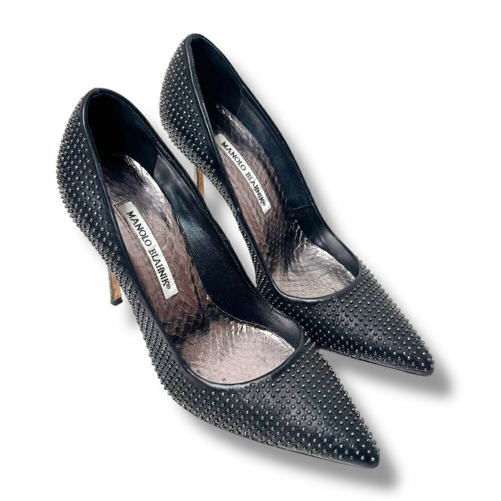 Manolo Blahnik Black Small Silver Studs Metallic Silver Snakeskin Heel Pump 36.5